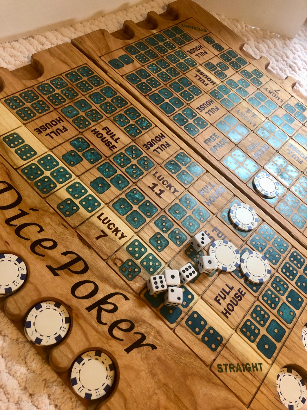 Dice Poker on cherry wood