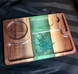 Rolling tray with green resin river